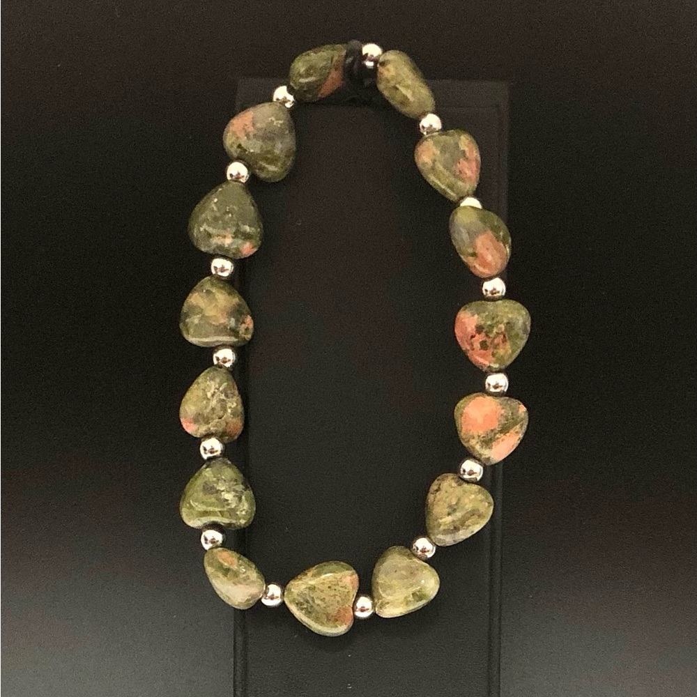Unakite Bracelet 10mm Beads Heart Shape Stretchable Bracelet - Picture 2 of 2